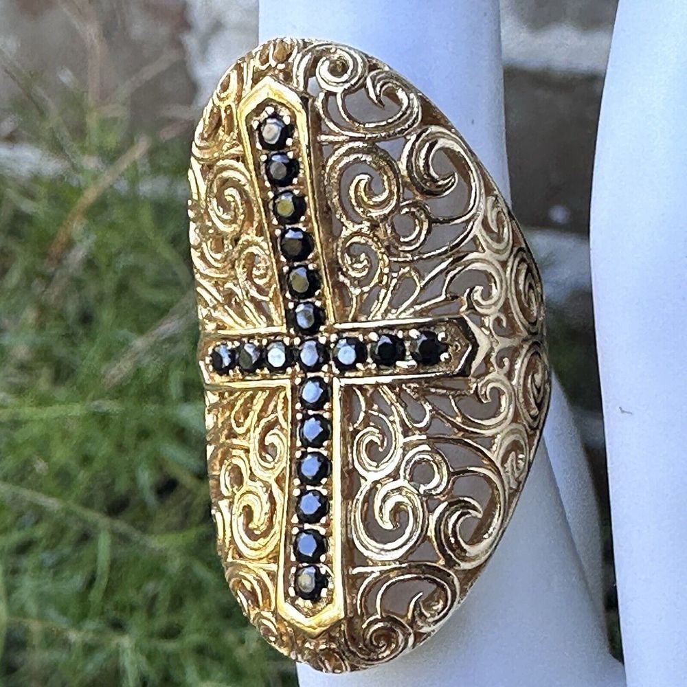VTG Bellezza‎ Statement Ring Sz 5 Black Spinel Cross Yellow Gold Plated Filigree - Picture 4 of 12